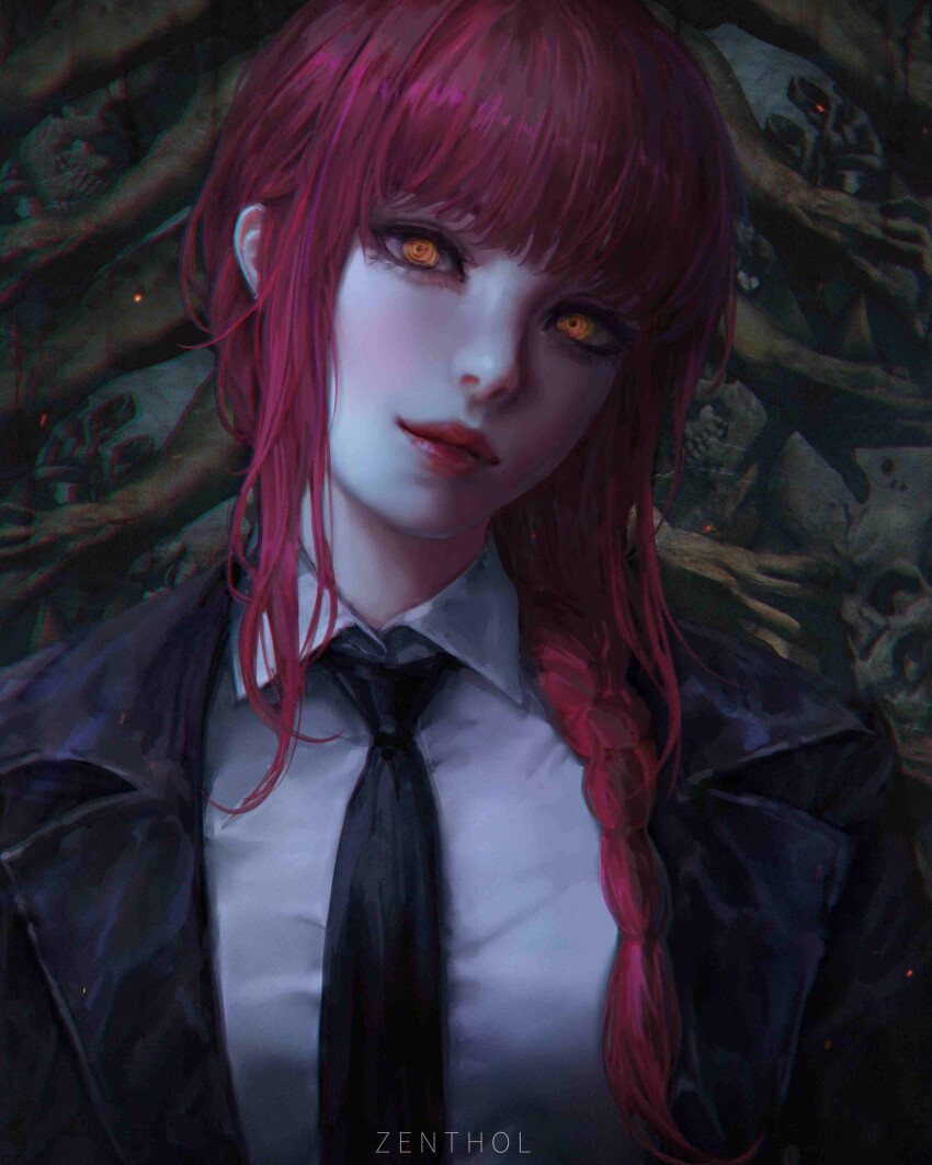 1girl, absurdres, artist_name, black_necktie, braid, braided_ponytail, chainsaw_man, collared_shirt