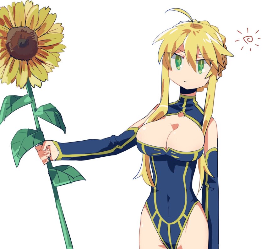 1girl, ahoge, artoria_pendragon_(fate), artoria_pendragon_(lancer)_(fate), blonde_hair, blue_leotard, braid, braided_bun