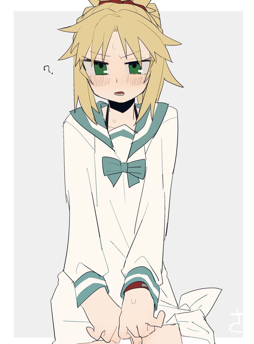 1girl, ?, blonde_hair, blue_sailor_collar, blush, dress, fate/grand_order, fate_(series)