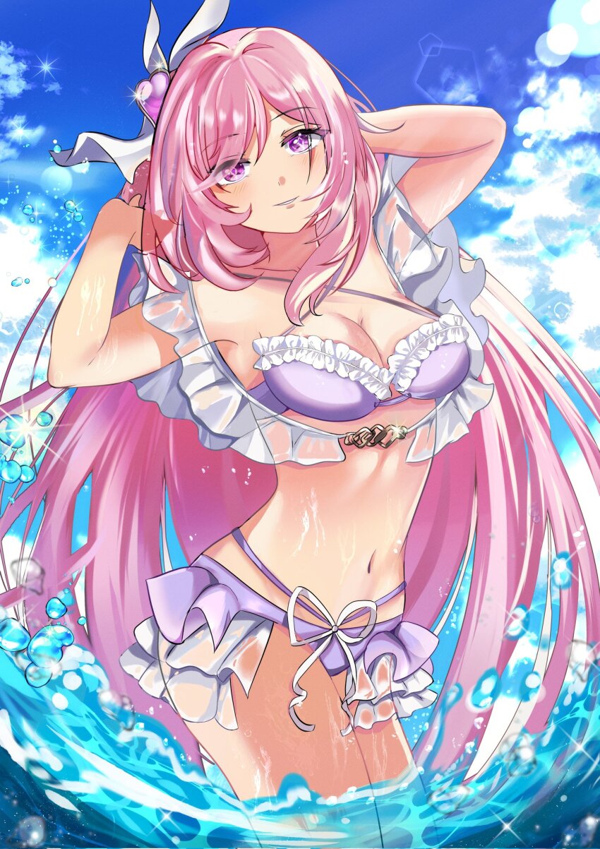 1girl, armpits, bikini, blue_sky, breasts, chocola_s, cleavage, cloud