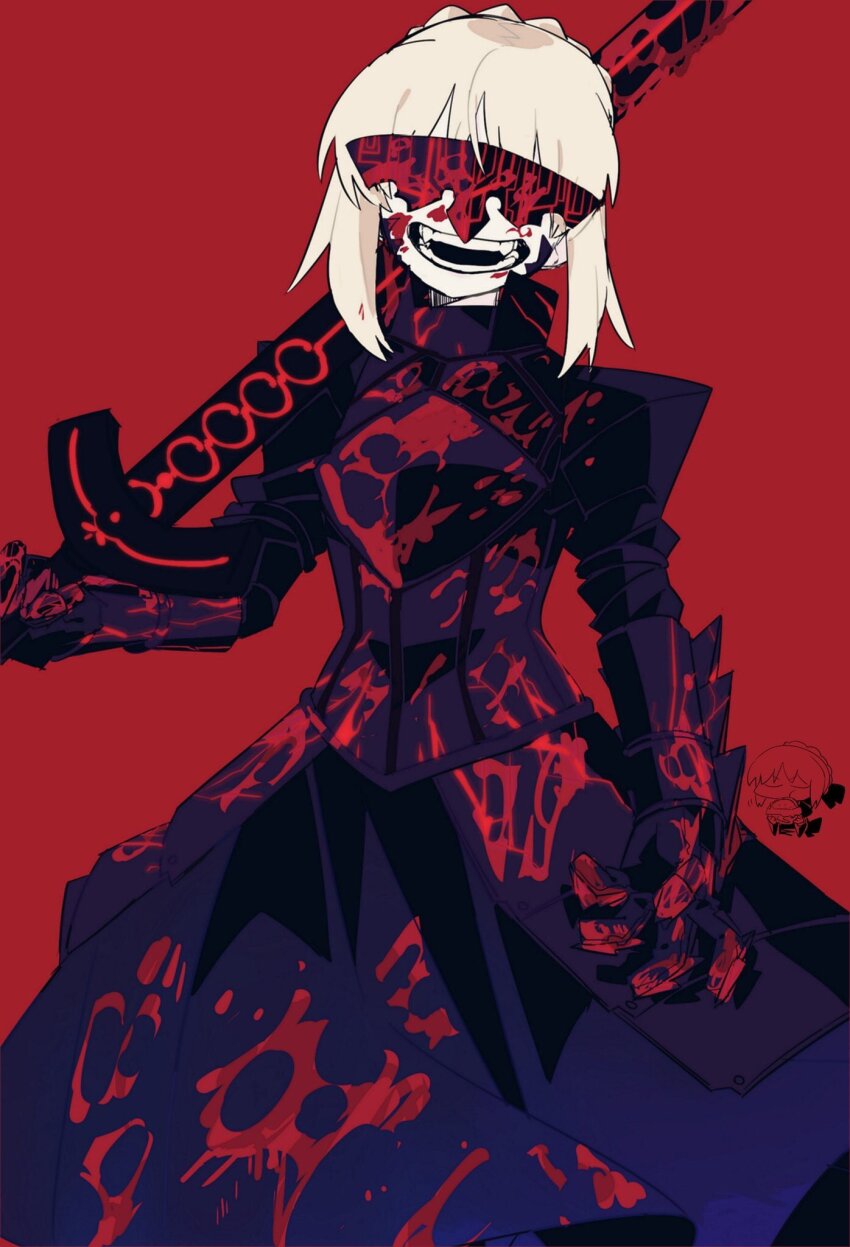 1girl, armor, armored_dress, artoria_pendragon_(fate), black_armor, black_dress, blindfold_mask, blood