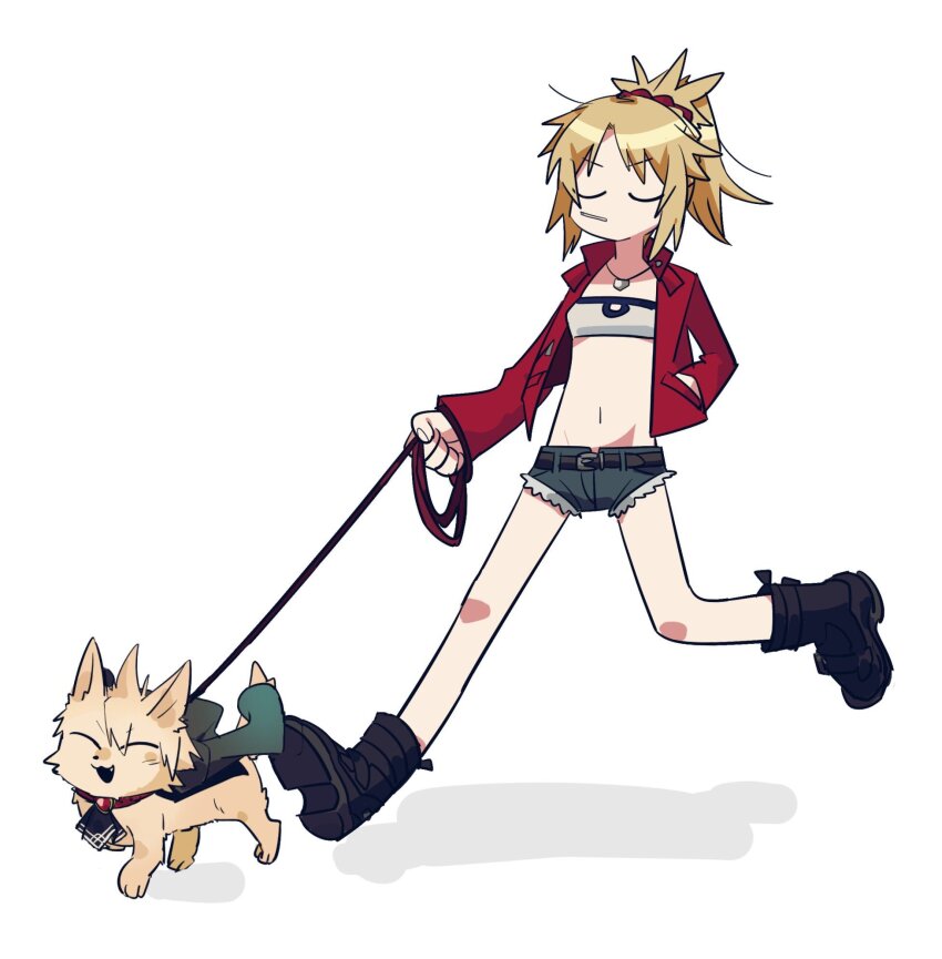 1girl, animal, black_footwear, blonde_hair, boots, closed_eyes, denim, denim_shorts, dog, fang, fate/apocrypha, fate/grand_order, fate_(series), full_body, hair_ornament, hair_scrunchie, hand_in_pocket, highres, holding, holding_leash, hyde_(fate), jacket, jekyll_and_hyde_(fate), jewelry, leash, mordred_(fate), mordred_(memories_at_trifas)_(fate), mouth_hold, necklace, open_clothes, open_jacket, open_mouth, pet_walking, ponytail, red_jacket, red_scrunchie, scrunchie, short_shorts, shorts, simple_background, u_u, uotsu_(sabakou), white_background