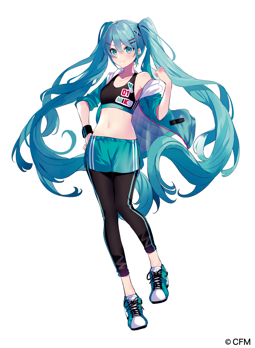 1girl, aqua_eyes, aqua_hair, aqua_jacket, aqua_shoes, aqua_shorts, armpit_crease, bare_shoulders