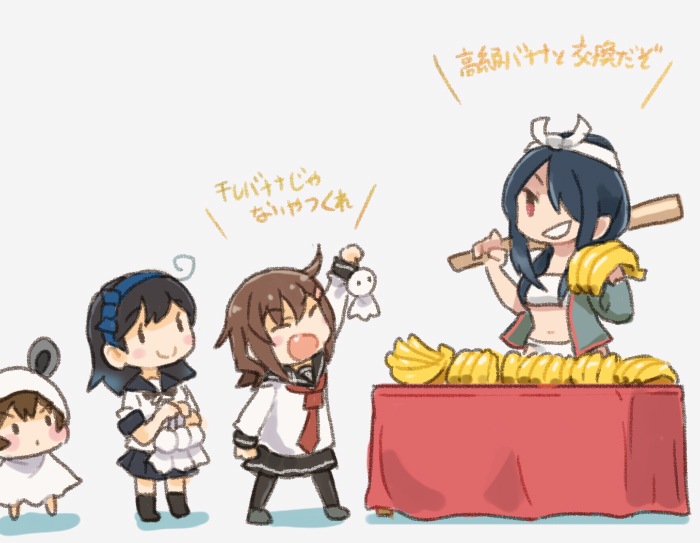 4girls, banana, black_hair, black_pantyhose, black_sailor_collar, black_skirt, blue_hairband, closed_eyes