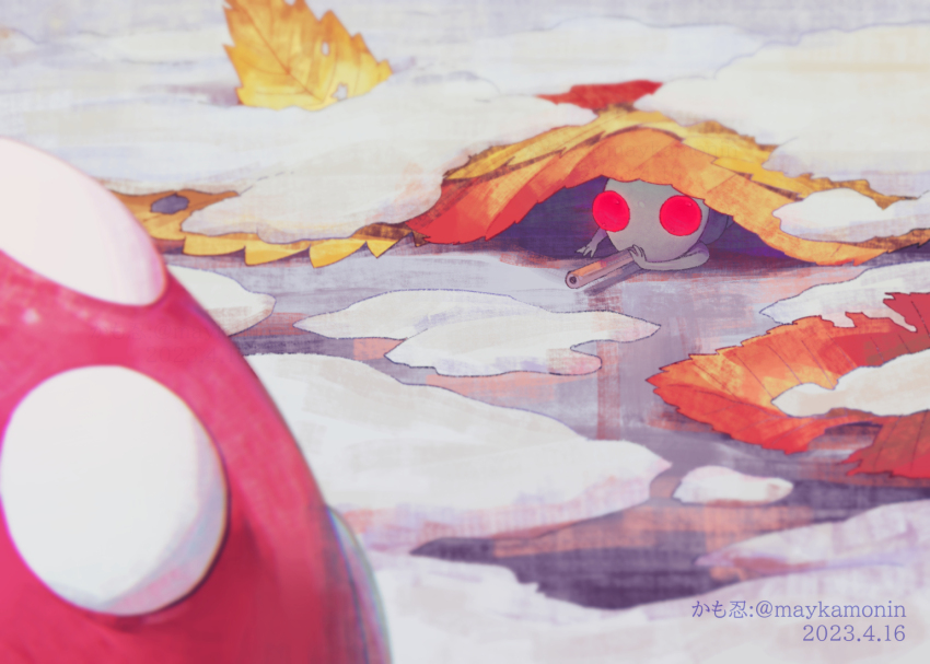 autumn_leaves, bulborb, colored_skin, commentary_request, dated, digging_your_own_grave, hiding, holding_straw, ice, leaf, lying, maykamonin, nintendo, no_humans, no_mouth, on_stomach, outdoors, pikmin_(creature), pikmin_(series), pixiv_username, polka_dot, red_eyes, snow, spitting, twitter_username, white_pikmin, white_skin