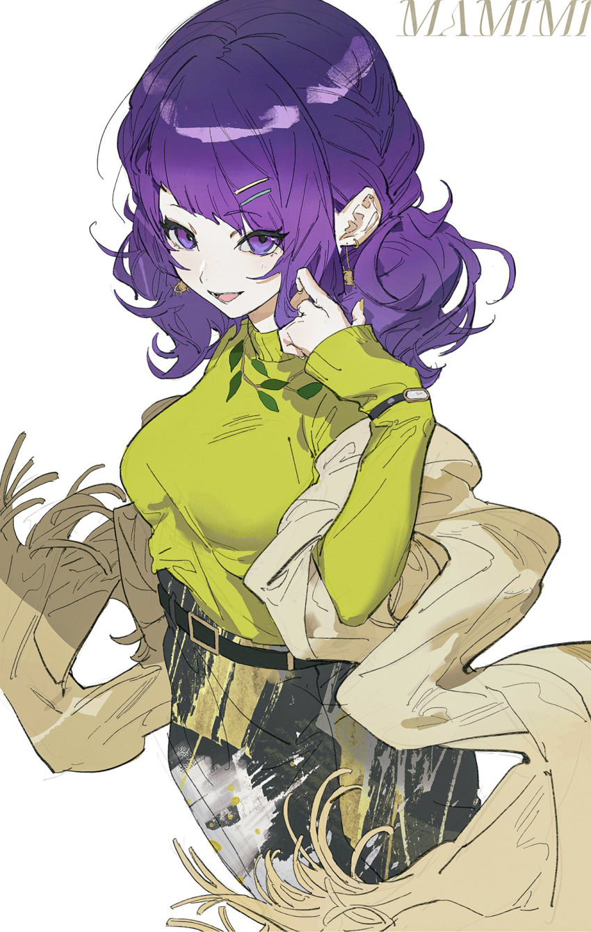 1girl, belt, black_belt, breasts, earrings, green_sweater, hair_ornament, hairclip