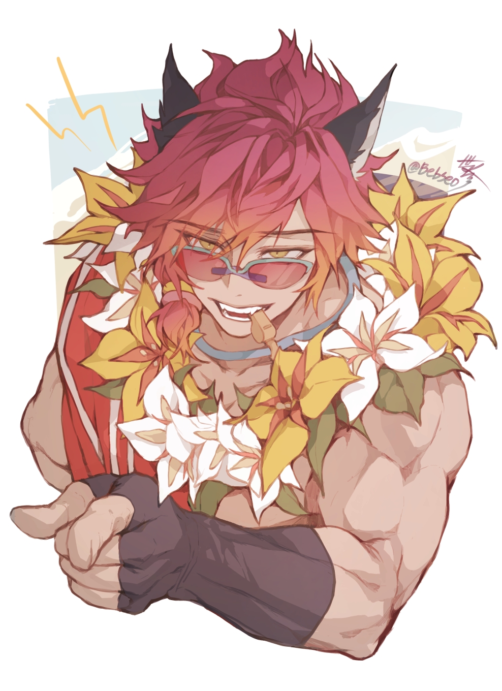 1boy, animal_ears, artist_name, bebseo, black_gloves, fangs, fingerless_gloves, flower