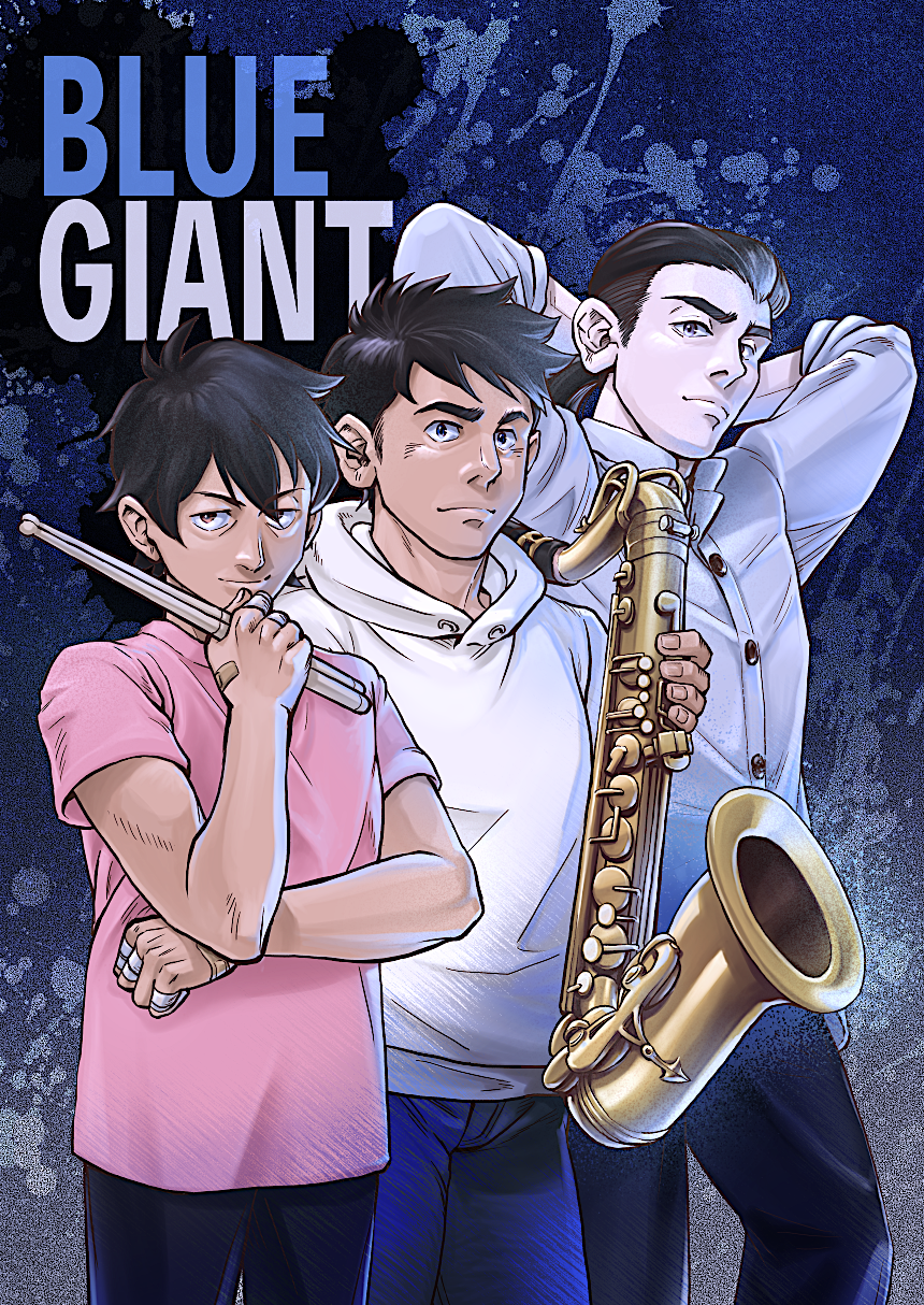 3boys, aobayama_noboru, arms_up, bandages, bandaid, bandaid_on_hand, black_hair, blue_background, blue_giant, brown_eyes, copyright_name, denim, drumsticks, highres, holding, holding_drumsticks, holding_instrument, holding_saxophone, hood, hood_down, hoodie, instrument, long_sleeves, looking_at_viewer, male_focus, miyamoto_dai, multiple_boys, pink_shirt, sawabe_yukinori, saxophone, shirt, shunji_tamada, standing, tenor_saxophone, thick_eyebrows, white_hoodie