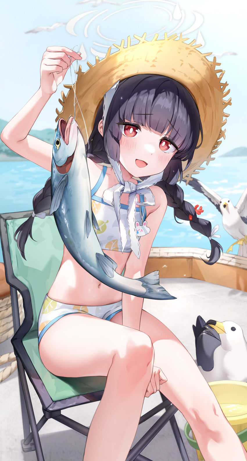 1girl, absurdres, bare_shoulders, bikini, bird, black_hair, blue_archive, blush, braid, bright_pupils, chair, commentary, fish, flat_chest, frilled_ribbon, frills, halo, hand_up, hat, highres, jack_mackerel, lake, leaf_print, long_hair, looking_at_viewer, miyu_(blue_archive), miyu_(swimsuit)_(blue_archive), mountainous_horizon, murabana44, navel, official_alternate_costume, on_chair, print_bikini, red_eyes, ribbon, seagull, sitting, sky, solo, straw_hat, swimsuit, twin_braids, white_bikini, white_halo, white_pupils
