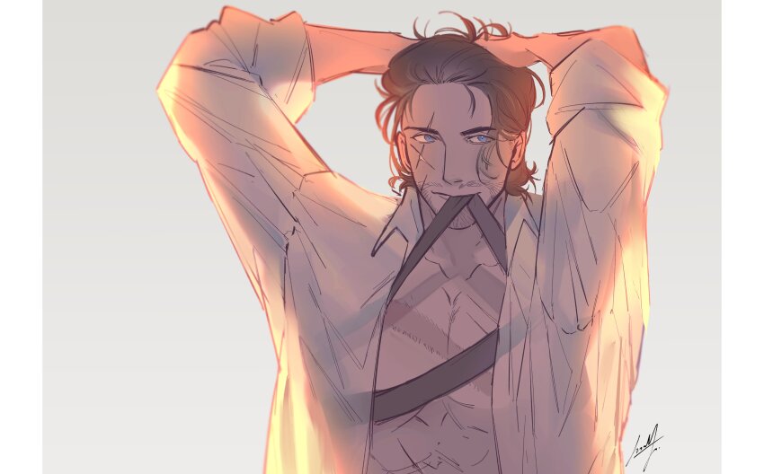 1boy, absurdres, adventurer_(ff14), bara, beard_stubble, blue_eyes, chest_harness, facial_hair, hair_slicked_back, harness, highres, hyu_rest, hyur, looking_to_the_side, male_focus, mature_male, medium_hair, mouth_hold, mustache_stubble, pectoral_cleavage, pectorals, scar, scar_across_eye, scar_on_face, sleeves_rolled_up, smile, solo, stubble, thick_eyebrows, tying_hair, upper_body, warrior_of_light_(ff14)