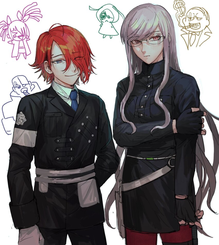 2girls, 4boys, belt_pouch, black_dress, black_gloves, black_jacket, blue_necktie, breasts, closed_mouth, collared_shirt, commentary_request, dominic_fulltank, dress, fingerless_gloves, glasses, gloves, grey_hair, guillaume_hall, hair_over_one_eye, hand_on_own_arm, highres, jacket, long_hair, long_sleeves, looking_at_viewer, martina_electro, master_detective_archives:_rain_code, medium_breasts, multiple_boys, multiple_girls, nasubinonono, necktie, pantyhose, pouch, purple_eyes, red_eyes, red_hair, red_pantyhose, seth_burroughs, shirt, short_hair, simple_background, smile, standing, swank_catsonell, very_long_hair, white_background, white_gloves, white_shirt, yomi_hellsmile