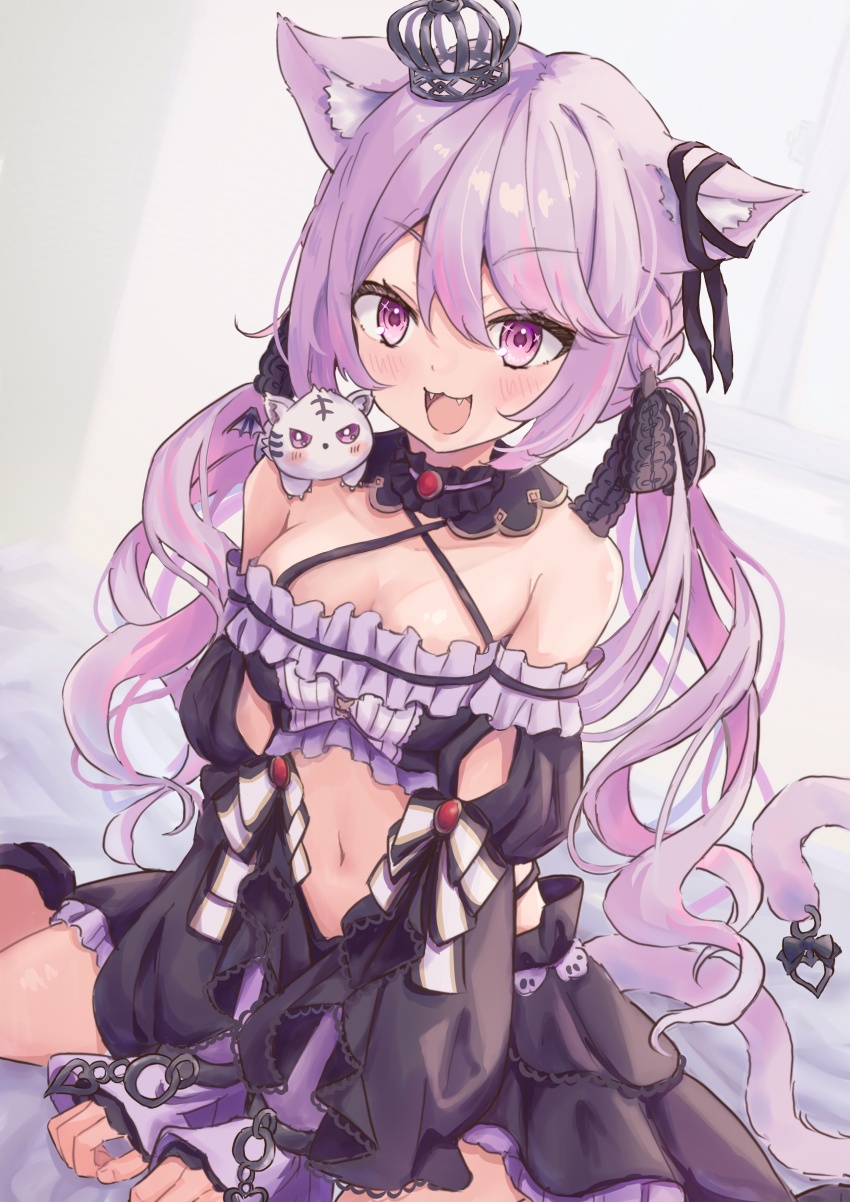 1girl, absurdres, animal_ears, black_bow, black_collar, black_ribbon, black_shirt, black_skirt, black_sleeves, blush, bow, breasts, cat_ears, cat_girl, cat_tail, chain, cleavage, collar, commentary, criss-cross_halter, crop_top, crown, detached_collar, detached_sleeves, dutch_angle, ear_ribbon, fangs, foot_out_of_frame, frilled_shirt, frills, hair_between_eyes, hair_bow, halterneck, highres, ina_uruu, long_hair, looking_at_viewer, low_twintails, medium_breasts, midriff, mini_crown, multicolored_hair, nanashi_inc., navel, open_mouth, pink_eyes, pink_hair, purple_hair, ribbon, shirt, shishishi, sitting, skirt, sleeveless, sleeveless_shirt, solo, tail, tail_bow, tail_ornament, twintails, two-tone_bow, two-tone_hair, virtual_youtuber, wariza, white_bow