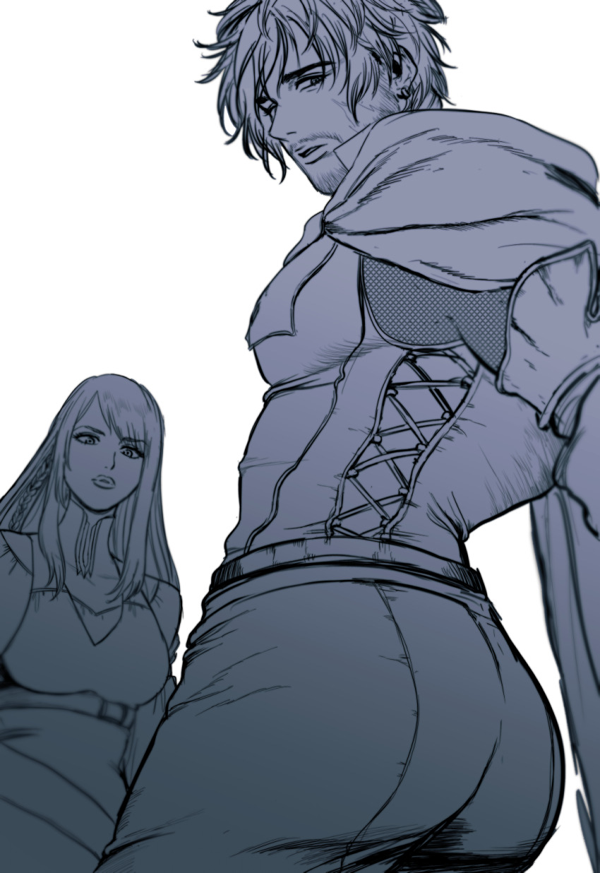 1boy, 1girl, ass, ass_focus, bara, beard_stubble, breasts, character_request