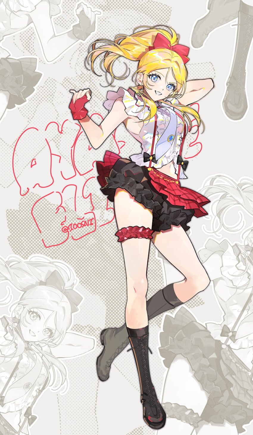 1girl, absurdres, ayase_eli, blonde_hair, blue_eyes, boots, elbow_gloves, gloves, highres, jangchajsam, lace-up_boots, long_hair, love_live!, love_live!_school_idol_project, necktie, ponytail, ribbon, shirt, skirt, sleeveless, smile, solo, standing, suspenders, white_shirt