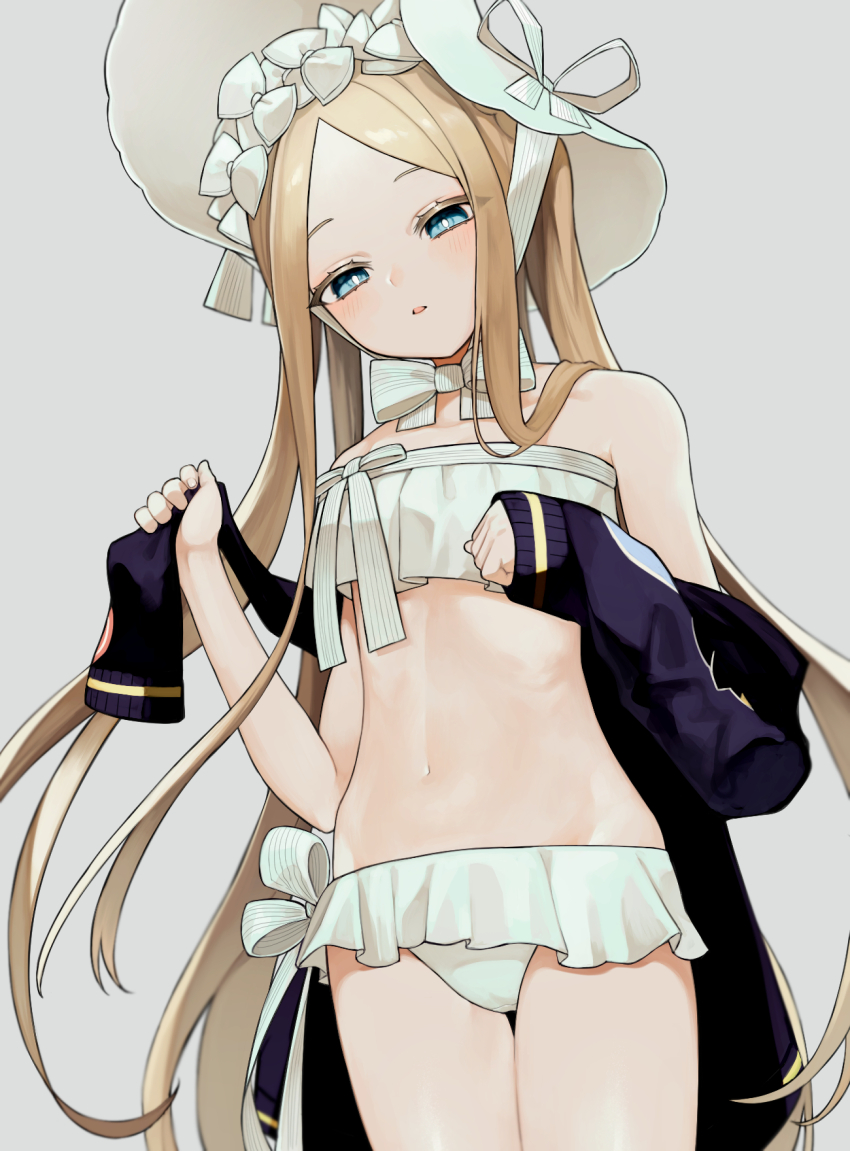 1girl, abigail_williams_(fate), abigail_williams_(swimsuit_foreigner)_(fate), abigail_williams_(swimsuit_foreigner)_(third_ascension)_(fate), bare_shoulders, bikini, black_jacket, blonde_hair