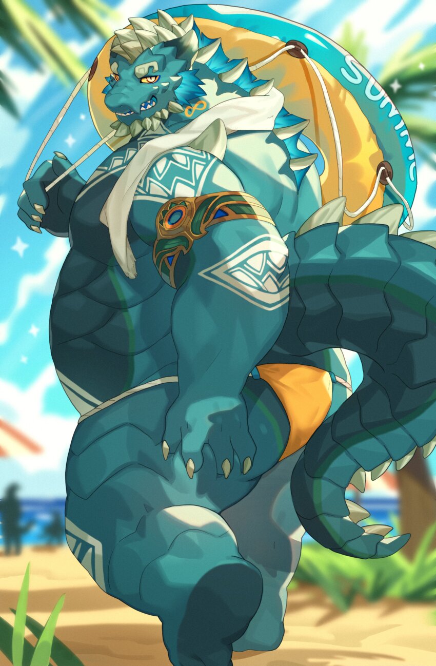 1boy, absurdres, aqua_skin, arm_tattoo, armlet, bara, beard, belly