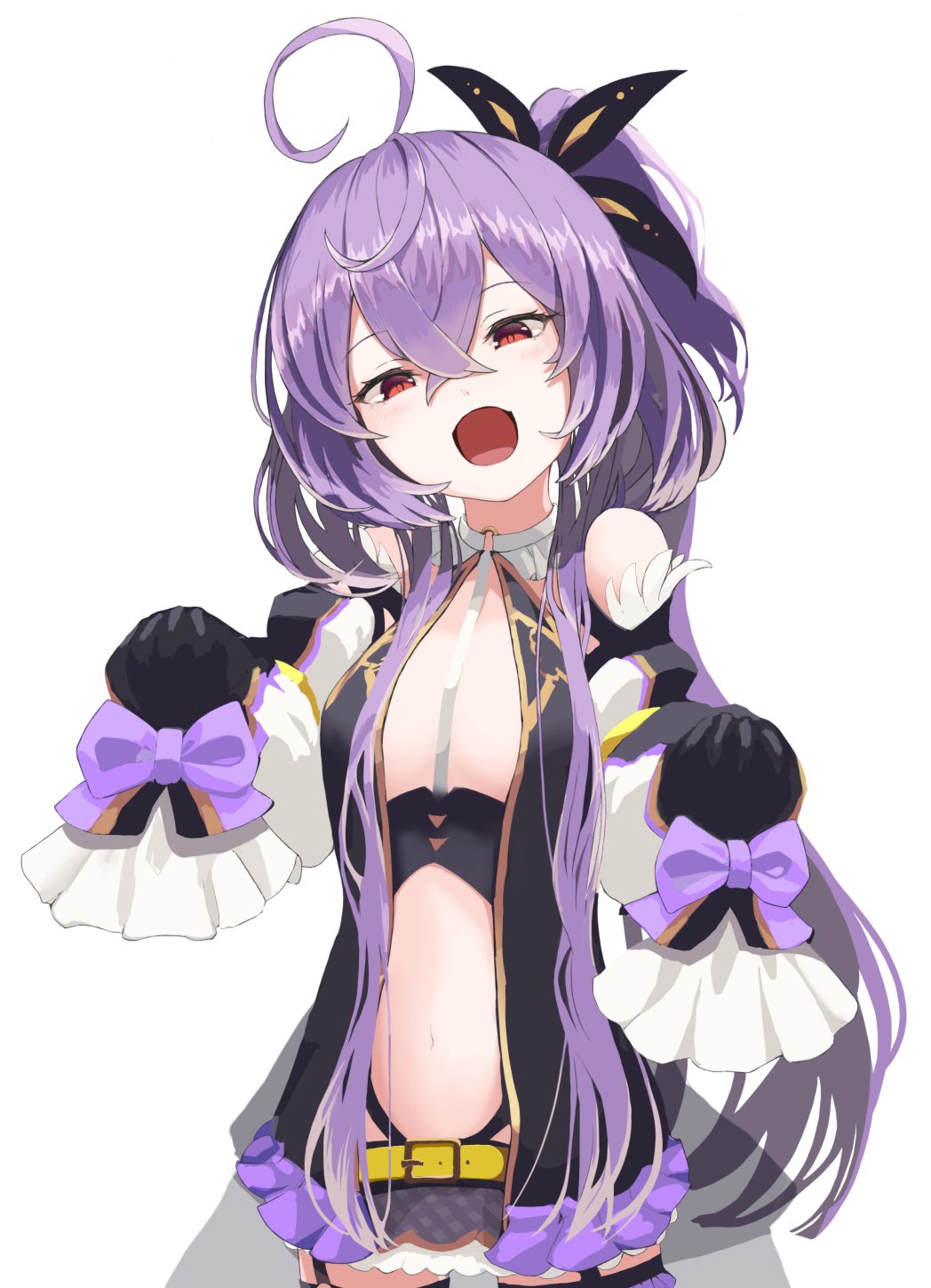 1girl, 5_(y5), ahoge, arm_belt, belt, black_dress, black_sleeves, blush, bow, breasts, butterfly_hair_ornament, collar, commentary_request, cowboy_shot, cowlick, crossed_bangs, detached_collar, detached_sleeves, dress, frilled_dress, frills, grey_skirt, hair_between_eyes, hair_ornament, high_ponytail, highres, long_bangs, long_hair, looking_at_viewer, microskirt, multicolored_sleeves, nanashi_inc., navel, open_clothes, open_dress, open_mouth, plaid_clothes, plaid_skirt, ponytail, purple_bow, purple_hair, purple_sleeves, red_eyes, revealing_clothes, shisui_kiki, shisui_kiki_(1st_costume), short_dress, sidelocks, simple_background, skirt, sleeve_bow, sleeveless, sleeveless_dress, sleeves_past_fingers, sleeves_past_wrists, small_breasts, smile, solo, underbust, very_long_hair, virtual_youtuber, white_background, white_collar, white_sleeves, yellow_belt