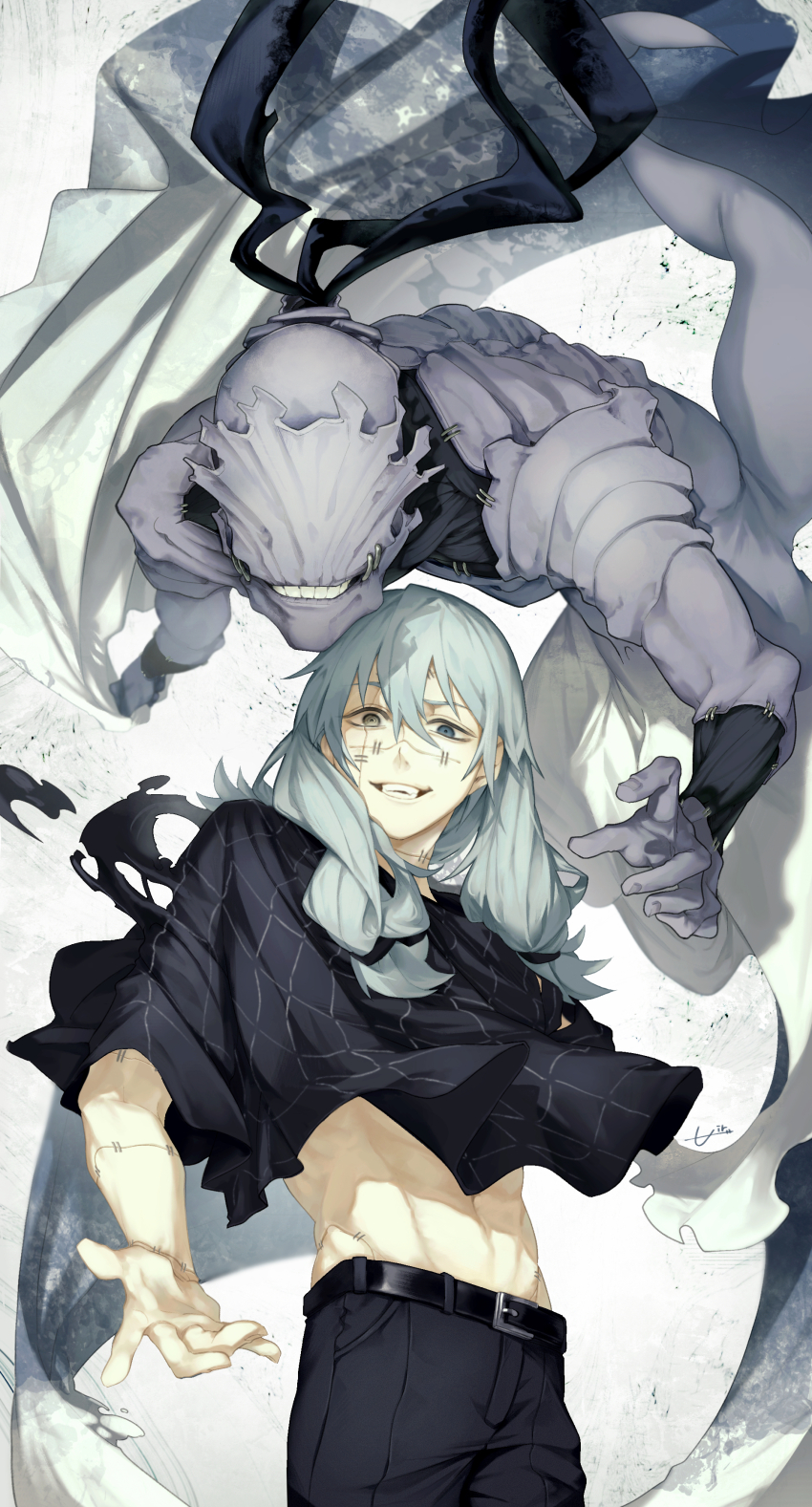 1boy, abs, absurdres, air_(ai_r_), belt, black_belt, black_pants, black_shirt