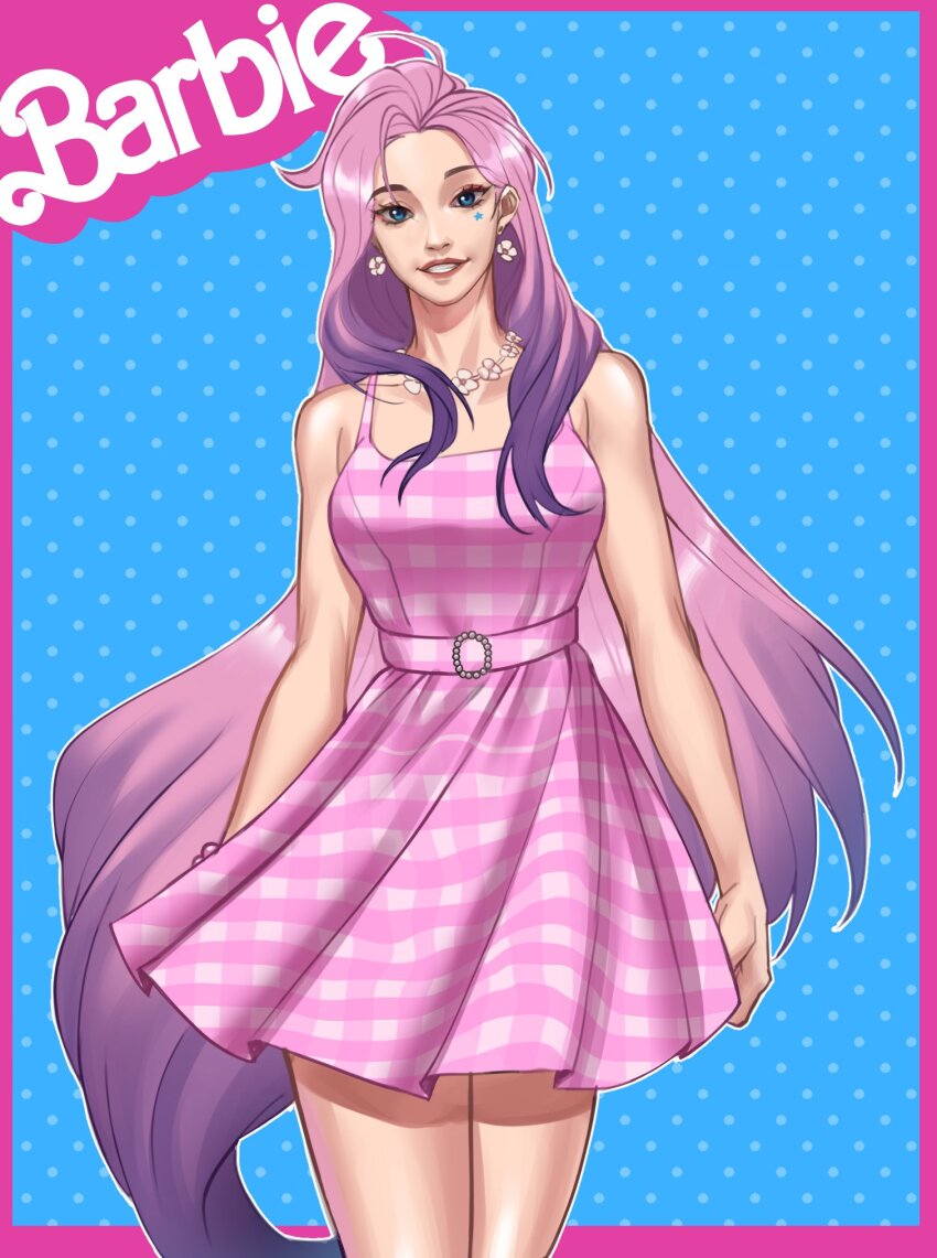 1girl, alternate_breast_size_(larger), barbie_(character), barbie_(character)_(cosplay), barbie_(franchise), bare_arms, bare_shoulders, belt, border, breasts, collarbone, cosplay, cowboy_shot, dress, earrings, flower, flower_earrings, flower_necklace, grin, highres, jewelry, large_breasts, league_of_legends, long_hair, necklace, pink_belt, pink_border, pink_dress, pink_hair, plaid_clothes, plaid_dress, seraphine_(league_of_legends), shiny_skin, smile, snow_weiss_(xsnow_weissx), solo, star_(symbol), star_tattoo, stereotypical_barbie_(live_action), tattoo, teeth, very_long_hair