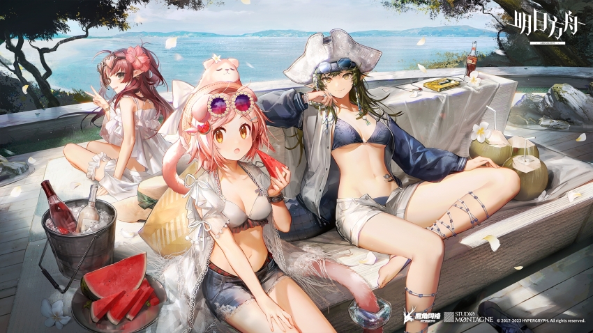 3girls, arknights, artist_request, bikini, blue_bikini, blue_sky, bottle, bucket