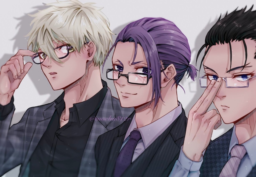 3boys, black_eyes, black_hair, black_jacket, black_shirt, blue_eyes, blue_jacket, blue_lock