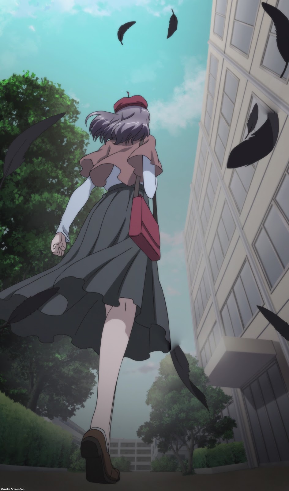 1girl, anime_screenshot, bag, black_hair, brown_cape, cape, grey_skirt, hat