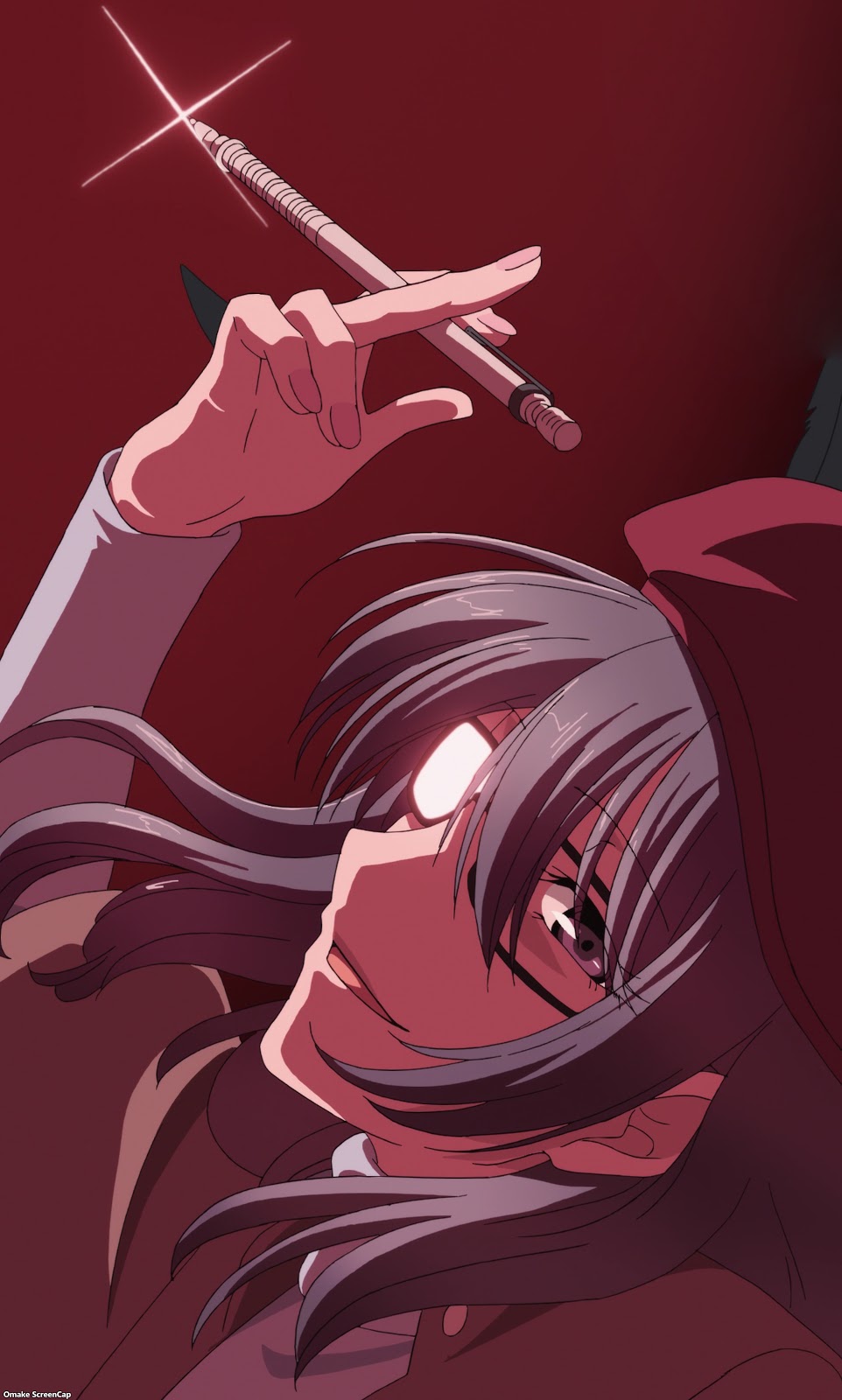 1girl, black_hair, brown_cape, brown_eyes, cape, glasses, hat, highres, long_hair, looking_at_viewer, pen, rikei_ga_koi_ni_ochita_no_de_shoumei_shitemita, shirt, skirt, smile, white_shirt, yamamoto_arika