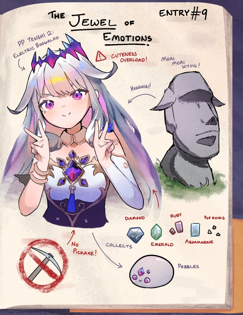 1girl, bare_shoulders, blunt_bangs, bridal_gauntlets, chest_jewel, crown, easter_island, english_text, gem, gem_hair_ornament, grey_hair, hair_flaps, highres, holoadvent, hololive, hololive_english, jewel_under_eye, journal, koseki_bijou, koseki_bijou_(1st_costume), long_hair, looking_at_viewer, moai, pickaxe, purple_eyes, purple_gem, purple_hair, rock, single_arm_guard, single_bridal_gauntlet, solo, taiyo_sketches, v, virtual_youtuber, white_bridal_gauntlets