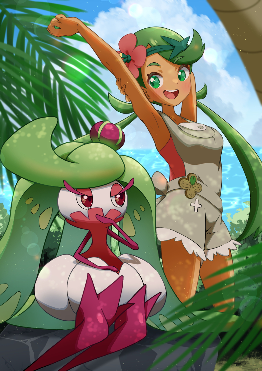 1girl, :d, absurdres, cloud, commentary_request, dappled_sunlight, dark-skinned_female, dark_skin, flower, gen_7_pokemon, green_eyes, green_hair, green_headband, grey_overalls, hair_flower, hair_ornament, headband, highres, lens_flare, long_hair, looking_at_another, mallow_(pokemon), nintendo, ocean, open_mouth, outdoors, overall_shorts, overalls, palm_tree, pink_flower, pink_shirt, pokemon, pokemon_(creature), pokemon_sun_and_moon, refisa, shirt, smile, solo, standing, stretching, sunlight, swept_bangs, teeth, tree, tree_shade, tsareena, twintails, upper_teeth_only