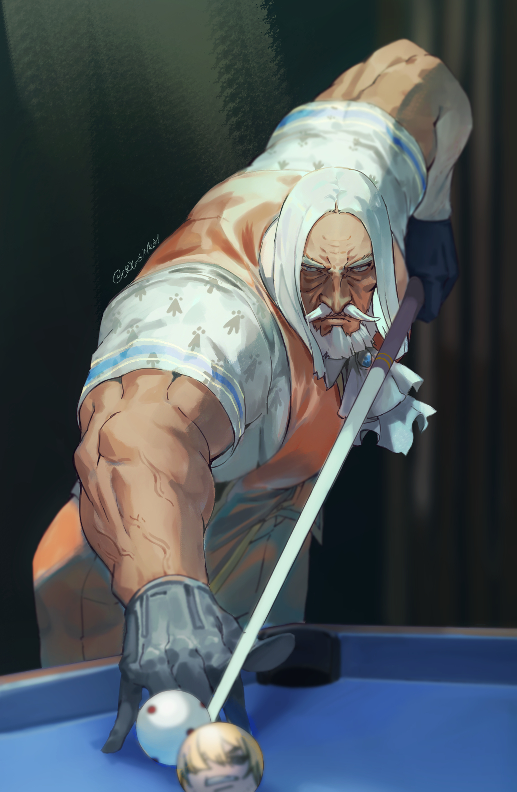 1boy, aiming, ascot, ball, beard, billiard_ball, billiards, black_gloves