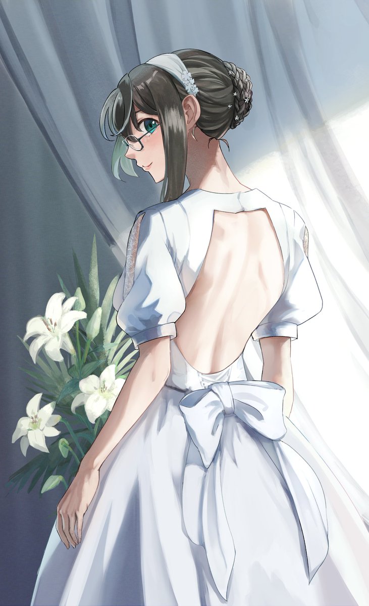 1girl, amanattou_shigure, backless_outfit, bouquet, commentary_request, dress, flower, glasses