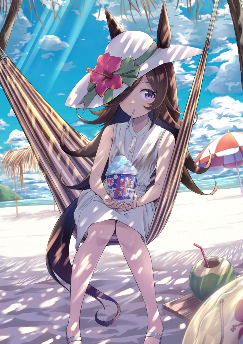 1girl, animal_ears, brown_hair, coconut, coconut_cup, coconut_tree, day, dress