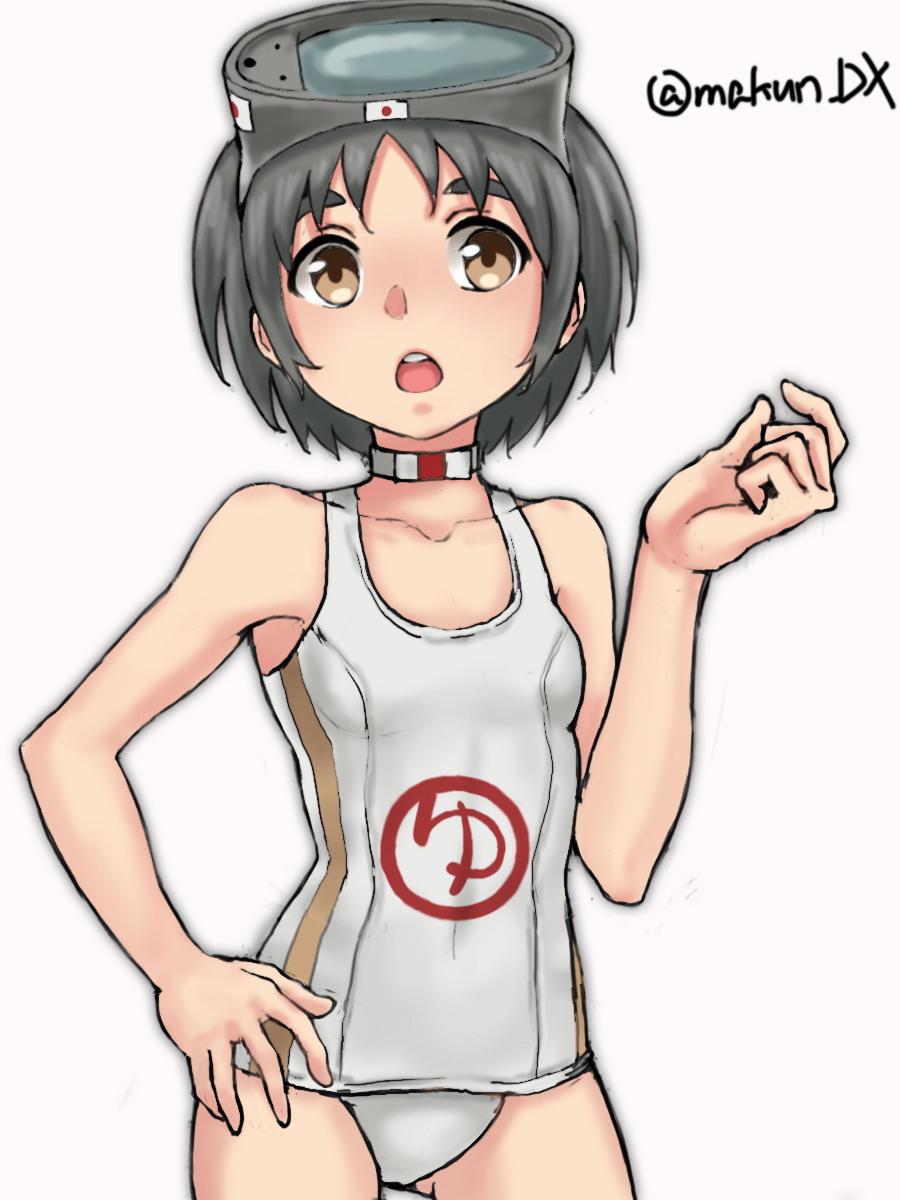 1girl, black_hair, breasts, brown_eyes, choker, contrapposto, cowboy_shot, diving_mask