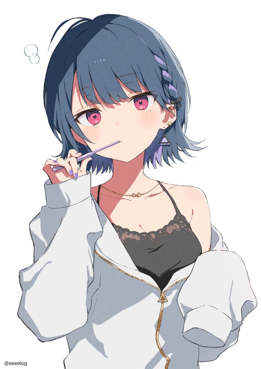 1girl, black_camisole, braid, breasts, camisole, cleavage, collarbone, earrings