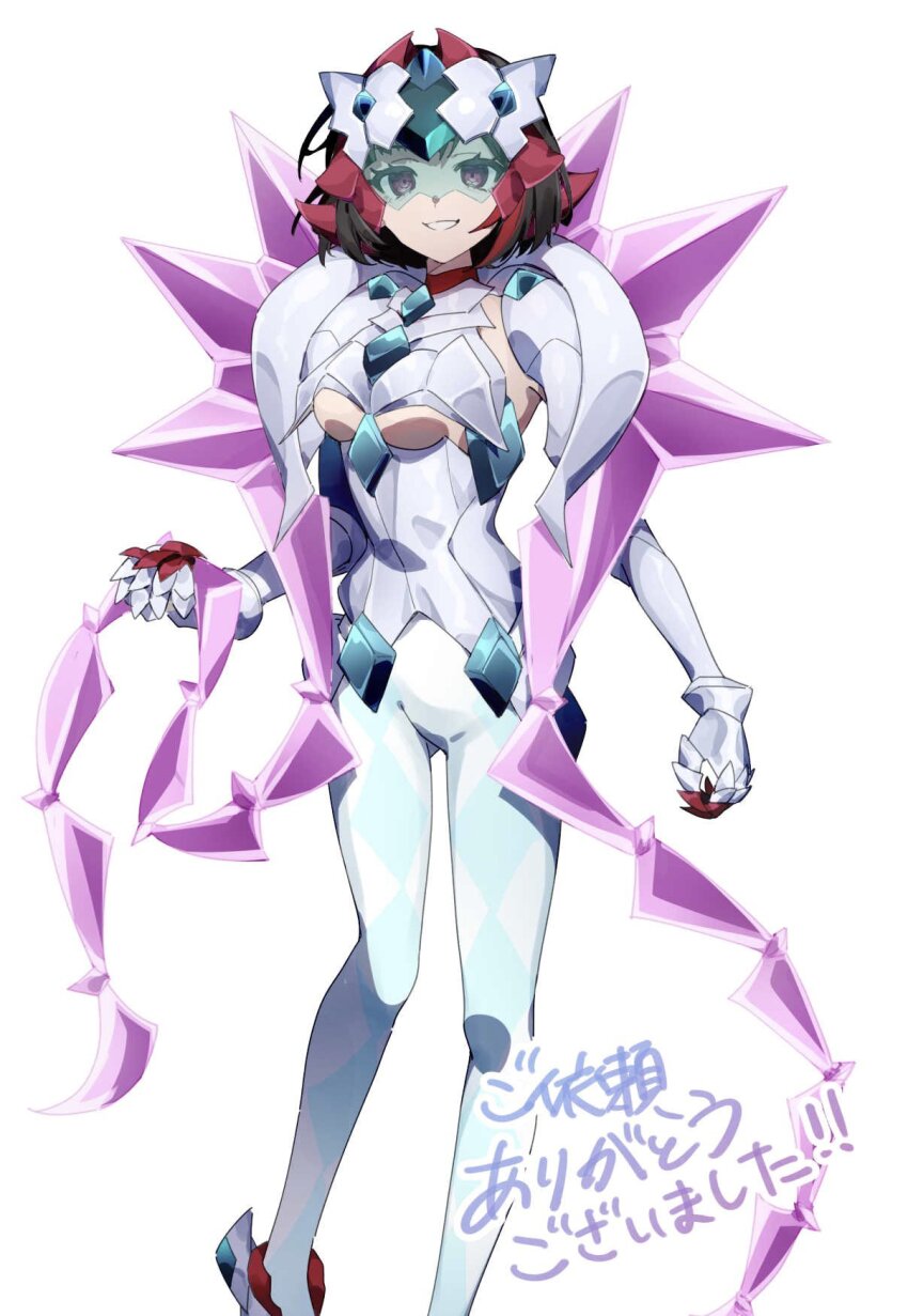 1girl, armor, black_hair, bodysuit, breasts, dark_persona, feet_out_of_frame, grin