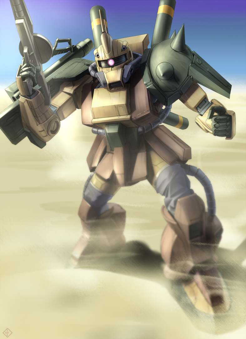 cable, desert, desert_zaku, gun, gundam, gundam_zz, m1_bazooka, machine_gun, mecha, no_humans, outdoors, raybar, robot, rocket_launcher, sand, sky, solo, weapon, wind, zaku
