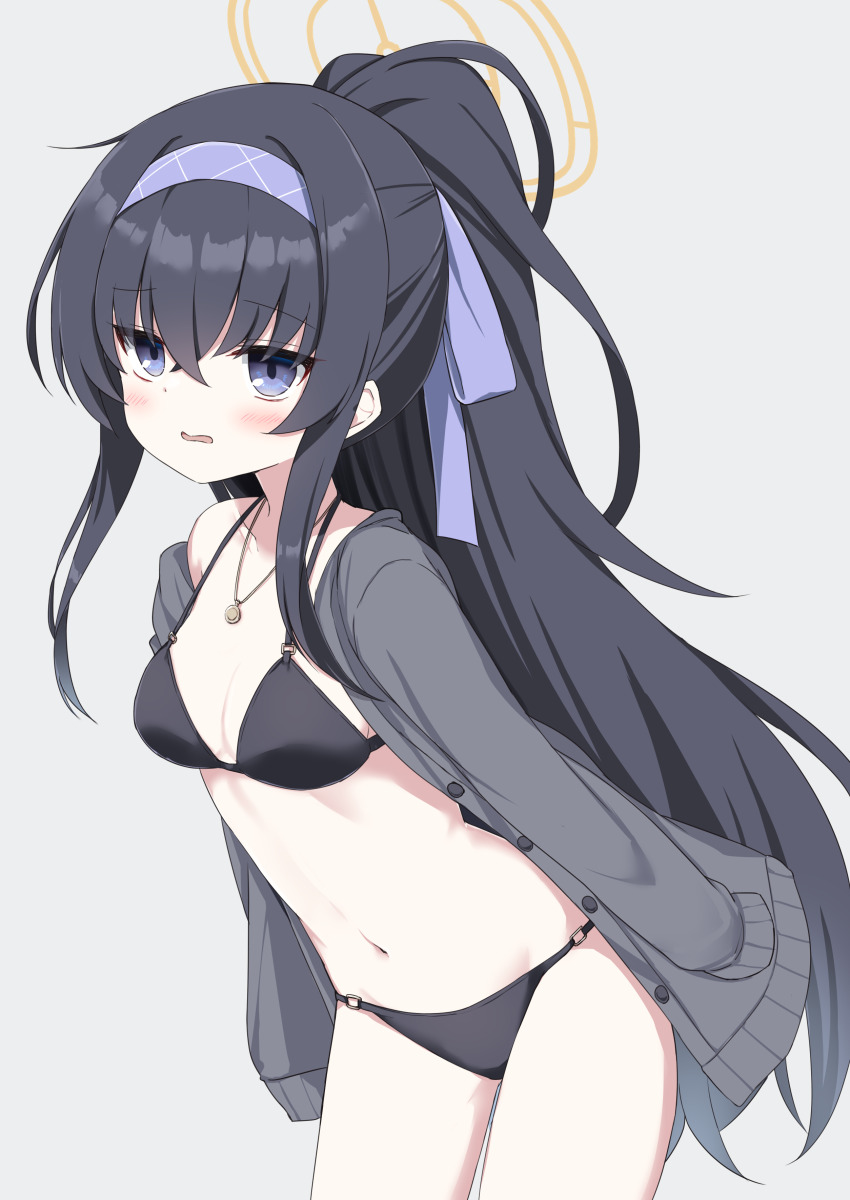 1girl, absurdres, bikini, black_bikini, black_hair, blue_archive, blue_eyes, blush