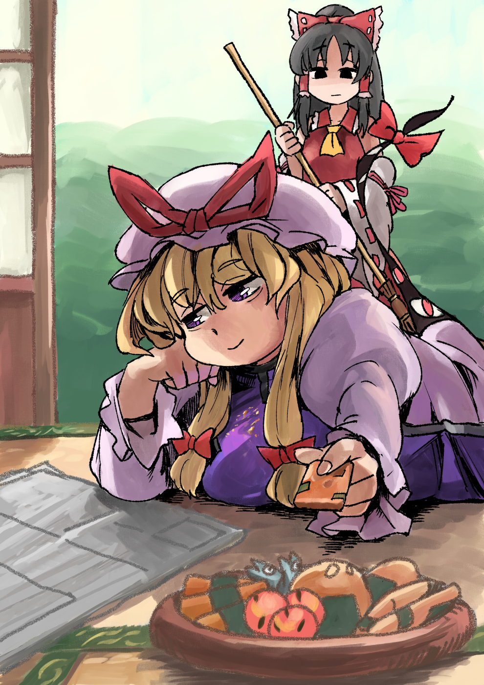 2girls, ascot, black_eyes, black_hair, blonde_hair, bow, broom, crumbs