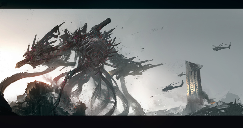 1other, absurdres, aircraft, ak-47, ammunition_belt, aps_rifle, assault_rifle, chainsaw_man, fad_assault_rifle, fx-05_xiuhcoatl, grey_sky, gun, gun_devil_(chainsaw_man), handgun, helicopter, highres, kalashnikov_rifle, leo-dont-want-to-be-a-painter, m4_carbine, ribs, rifle, rubble, sky, solo_focus, weapon