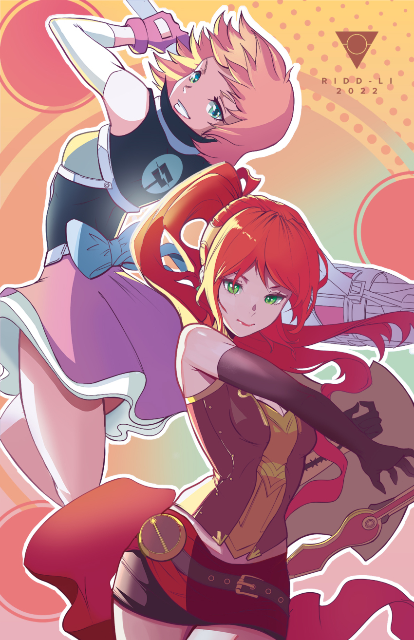 2girls, aqua_eyes, armlet, armor, artist_logo, artist_name, bare_shoulders, belt_buckle