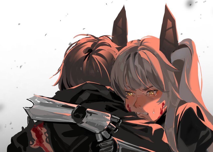 1girl, 1other, black_jacket, blood, blood_on_face, brown_hair, bruise, commandant_(pgr), commentary, crying, crying_with_eyes_open, english_commentary, from_behind, grey_hair, headgear, highres, hug, injury, jacket, karenina:_radiant_daybreak_(punishing:_gray_raven), karenina:_scire_(pgr), karenina_(pgr), long_hair, mechanical_arms, punishing:_gray_raven, short_hair, sidelocks, tears, torn_clothes, torn_jacket, two_side_up, yellow_eyes, yongsadragon