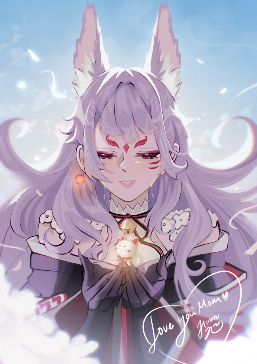 1girl, animal_ear_fluff, animal_ears, bell, black_kimono, black_ribbon, commentary, crying