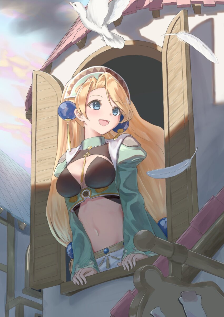 1girl, :d, arm_support, asymmetrical_bangs, atelier_(series), atelier_marie, atyao-299, bird, black_bra, blonde_hair, blue_eyes, blue_sky, bra, breasts, cleavage, coat, commentary_request, crop_top, day, dove, feathers, from_outside, green_coat, hair_ornament, highres, large_breasts, long_hair, long_sleeves, looking_outside, looking_to_the_side, marlone, medium_breasts, midriff, navel, open_clothes, open_coat, open_mouth, open_window, outdoors, sky, smile, solo, sphere_hair_ornament, tile_roof, underwear, very_long_hair, window, windowsill