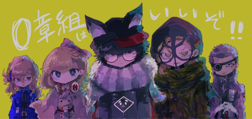 2girls, 3boys, animal_ears, animal_hat, aphex_logan, beanie, black_hair, black_headwear