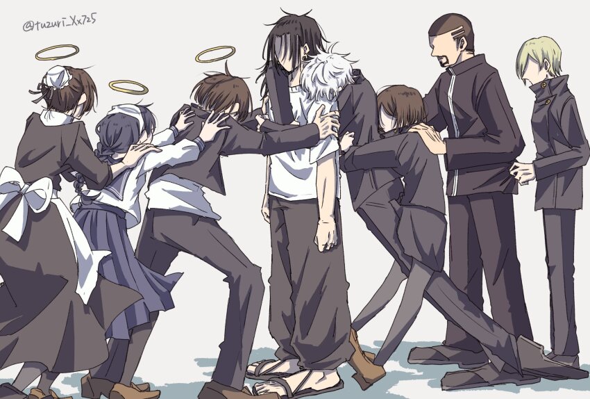 3girls, 5boys, amanai_riko, beard, black_footwear, black_hair, black_jacket, black_pants, black_skirt, blonde_hair, blue_skirt, brown_footwear, bun_cover, ear_piercing, facial_hair, full_body, geto_suguru, gojo_satoru, grey_background, haibara_yu, halo, highres, hug, hug_from_behind, ieiri_shoko, jacket, jujutsu_kaisen, jujutsu_tech_uniform, kuroi_misato, long_hair, long_sleeves, maid, multiple_boys, multiple_girls, nanami_kento, pants, piercing, pushing, sandals, school_uniform, serafuku, shirt, shoes, short_hair, short_sleeves, skirt, standing, tsuzuri_(tuzuri_xx725), twitter_username, white_hair, white_shirt, yaga_masamichi