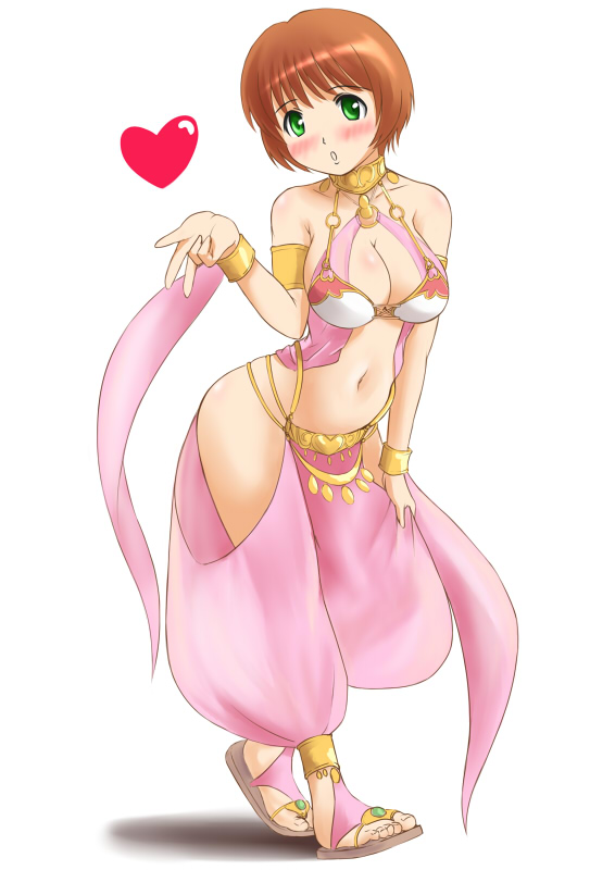 1girl, arabian_clothes, bare_shoulders, belly_dancer, blowing_kiss, blush, bracelet, breasts, brown_hair, cleavage, dancer, female_focus, ginjyasei, green_eyes, harem_outfit, harem_pants, heart, jewelry, large_breasts, lots_of_jewelry, midriff, navel, pants, sandals, short_hair, solo, tokimeki_memorial, tokimeki_memorial_4, yanagi_fumiko