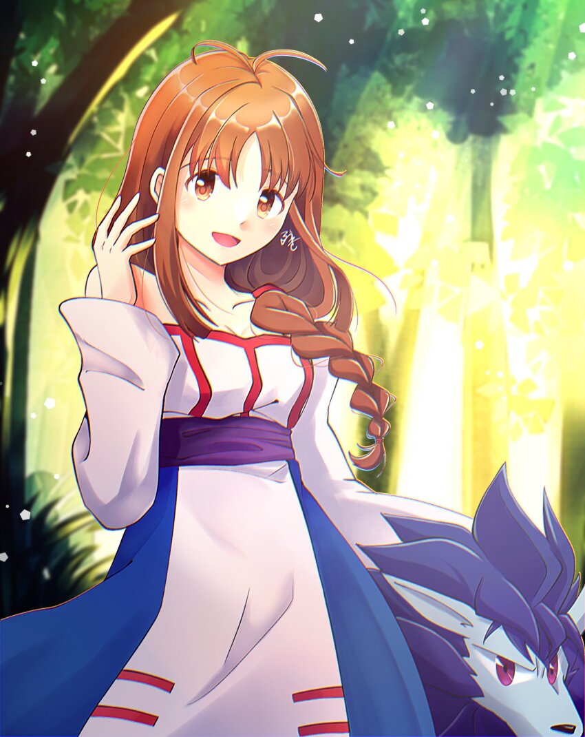 1girl, arc_the_lad, arc_the_lad_ii, bare_shoulders, braid, breasts, brown_eyes, brown_hair, cleavage, collarbone, dlllll_lllllb, dress, highres, lieza_(arc_the_lad), long_hair, looking_at_viewer, low-tied_long_hair, medium_breasts, open_mouth, paundit, single_braid, smile, tree, very_long_hair