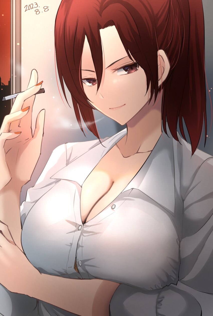 1girl, aozaki_touko, breasts, buttons, cigarette, cleavage, closed_mouth, commentary_request