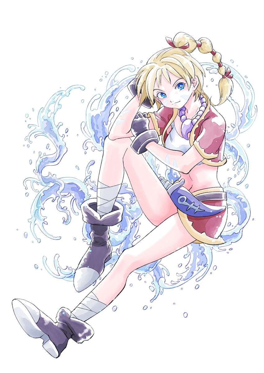 1girl, absurdres, bandages, blonde_hair, blue_eyes, breasts, chrono_cross, closed_mouth, crop_top, damegamega, facial_mark, full_body, gloves, high_ponytail, highres, jewelry, kid_(chrono_cross), long_hair, looking_at_viewer, medium_breasts, midriff, multi-tied_hair, navel, necklace, ponytail, skirt, smile, solo, vest, water, white_background