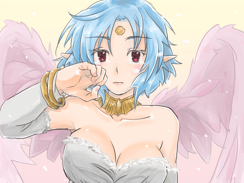 1girl, angel_wings, bare_shoulders, blue_hair, breasts, chickenkue, cleavage, closed_mouth, collarbone, crying, crying_with_eyes_open, dress, facial_mark, feathered_wings, filia_(star_ocean), forehead_jewel, forehead_mark, highres, jewelry, looking_at_viewer, medium_breasts, pointy_ears, red_eyes, short_hair, simple_background, solo, star_ocean, star_ocean:_the_second_story, tears, wings